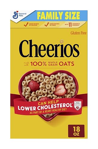 Cheerios, Heart Healthy Gluten Free Breakfast Cereal, Family Size, 18 oz | 100% Whole Grain Oats, Soluble Fiber for Cholesterol, 34g Whole Grain, 11 Vitamins & Minerals