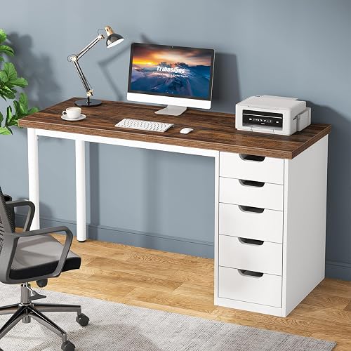 Tribesigns Computer Desk with 5 Drawers, 47 inches Rustic Brown Home Office Desk with Storage, Modern Simple Laptop Desk Study Writing Table for Small Spaces (1, Brown+White)