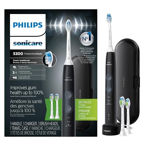 Philips Sonicare 5300 Rechargeable Electric Toothbrush, 3 Brush Head, Black | 700% More Plaque Removal¹, Visual Pressure Sensor, 3 Brush Settings, 14-Day Battery, Travel Case, HX6423/34