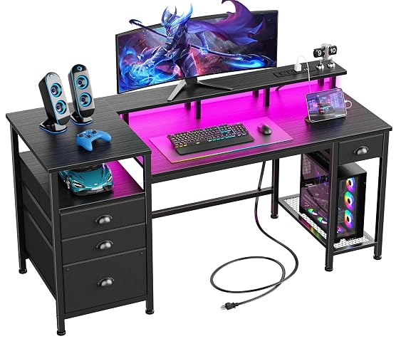 Furologee 60" Gaming Desk with 4 Drawers & LED Lights, Power Outlet, Black | Computer Desk with Full Monitor Stand, Fabric File Cabinet ,Printer Space for Home Office Working Gamer Table with Shelf