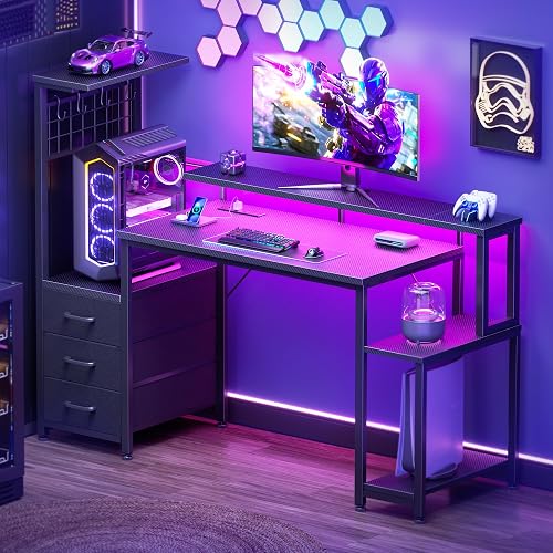 Korfile 48" Gaming Desk with Power Outlet, LED, Carbon Fiber Black Finish | Reversible Computer Desk with Monitor Stand, CPU Stand & Drawers, Gamer Table with Side Hook for Gaming, Home Office, Bedroom