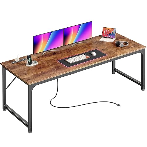 PRAISUN 70 x 24 Inch Computer Desk with Power Outlets & USB-C, Rustic Brown | Office Desk with 4 AC Outlets, USB & USB-C, Heavy Duty Metal Frame, Spacious Desktop for Work, Writing, Study & Gaming