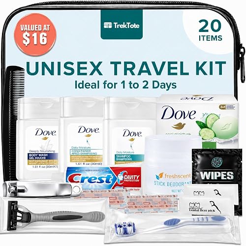Travel Essentials Hygiene Kit Premium Name Brand TSA Approved Toiletry Bag | Shampoo, Conditioner, Body Wash, Soap, Deodorant, Toothpaste, Razor, Shave Cream, Toothbrush, Comb, Nail Clippers, Wipes