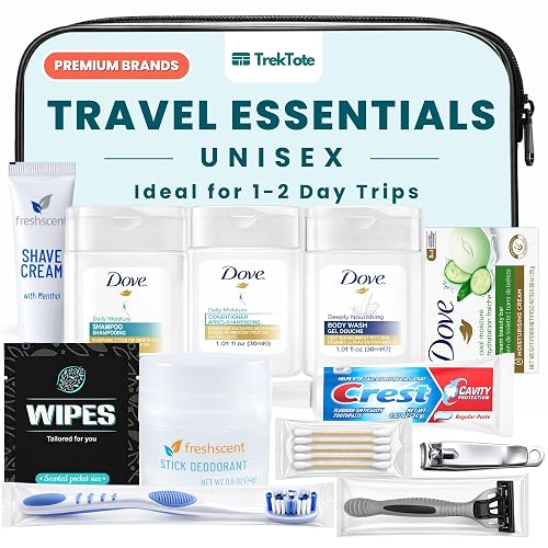 Unisex Travel Essentials Kit Includes Name Brand Travel Size Toiletries | Travel Size Shampoo And Conditioner, Body Wash, Bar Soap, Toothpaste, Deodorant And Accessories. Premium Travel Toiletry Bag