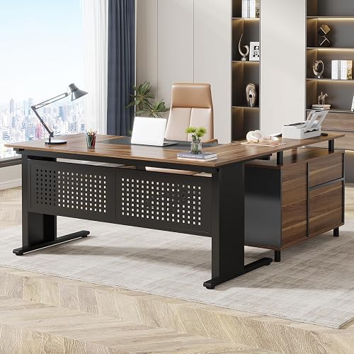 Tribesigns 63 Inch Executive Desk with File Cabinet, L Shaped Office Desk | Large Office Desk L Shaped, Computer Desk with Drawers and Storage Shelves, Business Desk for Home Office, Walnut and Black