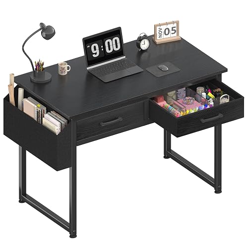 DLisiting 32 Inch Small Desk with Drawers, Black | For Bedroom, Computer Desk, 2 Fabric Drawers, For Small Space, Study Writing Table PC Desks