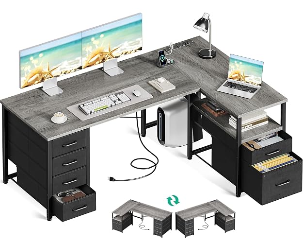 Coleshome 55 Inch L Shaped Office Desk with 6 Fabric Drawers, Oak Grey | 5 Fabric Drawers + 1 Fabric File Drawer, USB and Type-C Ports, Open Storage Shelf, Reversible Layout for Home Office