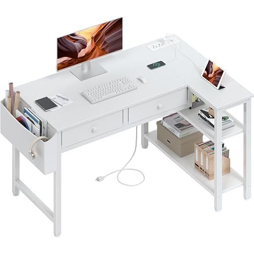 Small White 40 Inch L Shaped Corner Desk with Drawers & Storage Shelves | Power Outlet, For Small Space Home Office, Study Work PC Desks for Bedroom