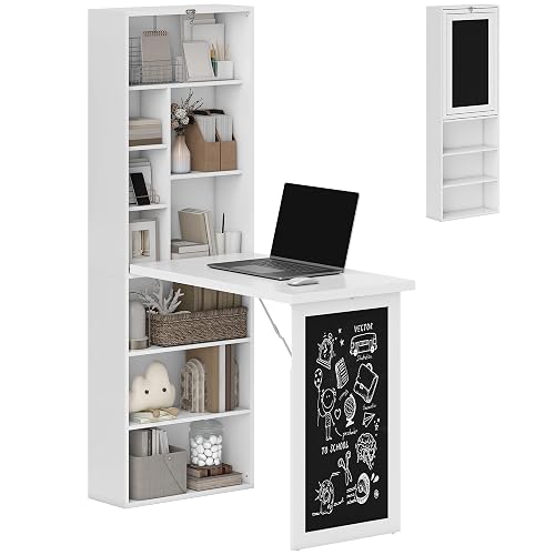HOMCOM Foldable Desk Wall Mounted Convertible Table for Small Spaces, White | Murphy Desk, Small Study Desk w/ Bookshelf, Hidden Table w/ Storage Craft Cabinet, Fold Out Sewing Table, Space Saving