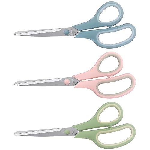 LONGKEY 8.5" Pastel Scissors 3-Pack, Ultra Sharp Stainless Steel | All Purpose Scissors for Office Home School, Soft Comfort-Grip Right/Left Hand