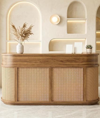 Reception Desk Fully Assembled, Modern Front Desk Curved Front Counter Desk for Medical Clinic & Spa, Heavy Duty Retail Checkout Counter, No Assembly Required (Walnut, 78.7" L/23.6" W/39.3H)