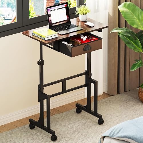 Adjustable Height Standing Desk With Drawer, Rolling Sit Stand Up Desk With Wheels, Small Sit To Stand Computer Desk, Adjustable Desktop Height, On Wheels, Brown, For Walking Pad Laptop Treadmill