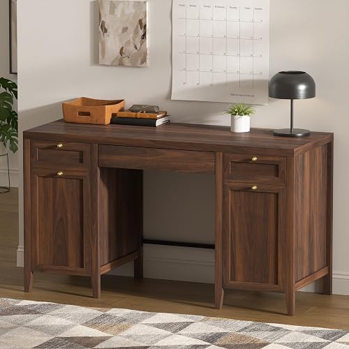 EYYTHUNG 52" Large Executive Desk with Drawers, Farmhouse Wooden Home Office Desk with Storage Cabinet, Modern Computer Writing Desk for Work Study, Workspace, Brown