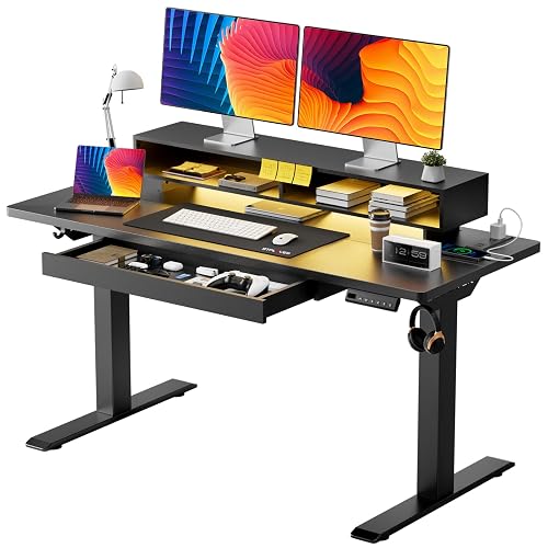 GTPLAYER Electric Standing Desk with Drawers, 48 x 24 Inch Height Adjustable Gaming Desk with Monitor Stand, Power Outlets & LED Lights, Home Office Sit Stand Up Desk with Memory Preset (Black)