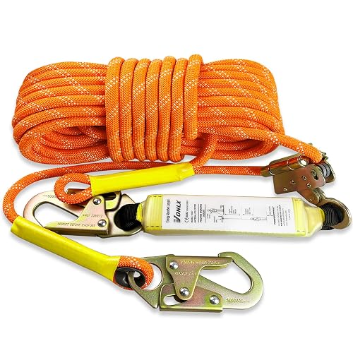 VONLX 50FT Fall Protection Safety Rope Heavy‑Duty Vertical Lifeline | Safety Lanyard Kit, Alloy Steel Grab Snap Hooks, Built‑In Shock Absorber, Harness Compatible, For Roof And Tree Climbing