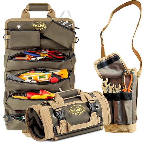 Ryker Heavy Duty Tool Roll Up Bag Organizer w/ Accessible Pouches | Motorcycle and Truck Accessories Gadgets for Men. Plumbing Tools Kit Pouch Work Tool Bag. Socket Wrench Tool Box Organizer