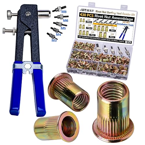 ASKWAY Pressure Rivet Nut Tool Kit, 430Pcs Metric Rivet Nut Combination | Threaded Rivet Nut (M8/M6/M5/M4/M3), Suitable for Furniture, Decoration, Automotive, Marine and Industrial Applications