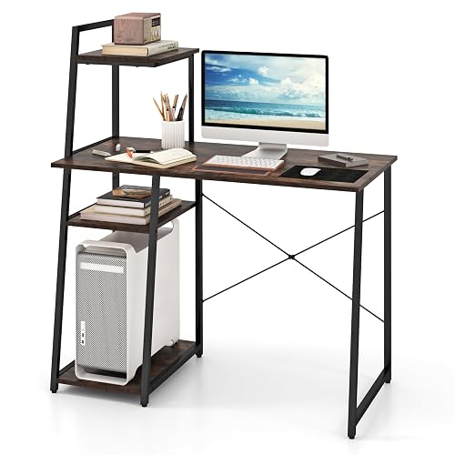 Giantex Computer Desk with Shelves, 47.5” Home Office Desk with Bookshelf, Host Stand, Metal Frame, PC Laptop Workstation, Modern Study Writing Desk for Bedroom, Small Space (Rustic Brown & Black)