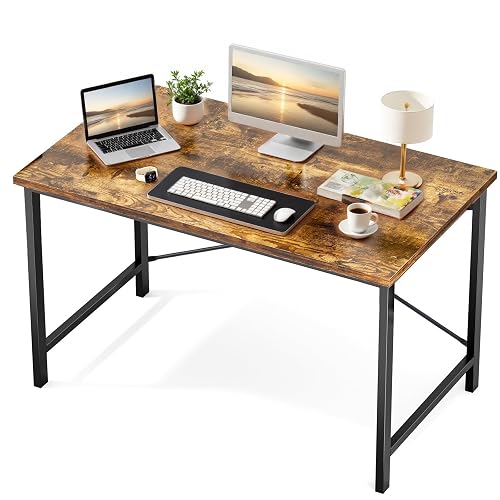 Sweetcrispy 47-Inch Computer Desk for Bedroom Home Office, Brown | Gaming Writing Work and Study Desk, Sturdy Metal Frame and Compact Modern Design with X-Shaped