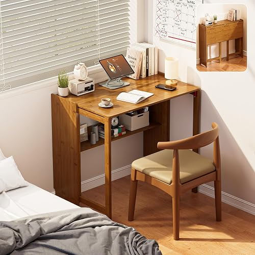 Folding Desk for Small Spaces, Bamboo Foldable Desk with Storage, Brown | Small Computer Desk with Bookshelf, Mid Century, Fold Out，Compact Size, for Bedroom, Living Room, Apartment, Home Office
