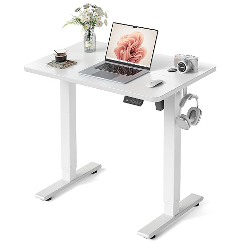 FEZIBO 32" Small Electric Standing Desk Height Adjustable Desk, White | 28.3"- 46.5" Height Range, Stable Steel Frame, 176 lbs Capacity, Easy Assembly, Compact Design for Home Office & Apartments