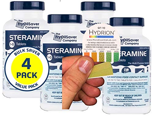Steramine Pack of 4 (600 Tab) Sanitizing Tablets w/ 30x QT-10 Test Strips | Steramine Multi Purpose Contact Solution, Sanitizer Tablets for Gym, Hotel, Bar, Restaurant and Food Service Use Daily
