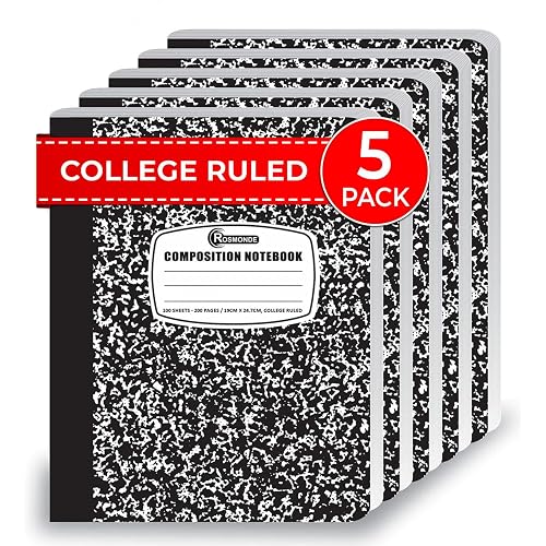 Rosmonde 5 Pack College Ruled Composition Notebooks, Black Marble Notebook | Marble Composition Book, 200 Pages (100 Sheets), 9-3/4" x 7-1/2", Hard Cover, Sturdy Sewn Binding, School & College Supplies