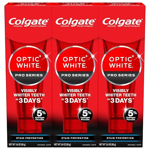 Colgate Optic White Pro Series Stain Prevention Hydrogen Peroxide Toothpaste, Teeth Whitening Toothpaste, Effectively Removes Tea, Coffee, and Wine Stains, Enamel-Safe for Daily Use, 3 Pack, 3.0 oz
