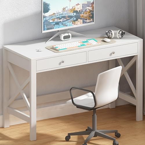 ChooChoo 39.4 Inches Farmhouse Computer Desk with 2 Drawers | Wooden Writing Desk, Study Desk for Home Office, Makeup Vanity, White