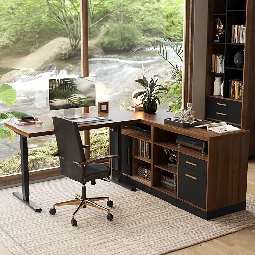 ModernMate 67" L Shaped Reversible Standing Desk with Storage Drawers | Electric Height Adjustable Executive Corner Computer Desk, Wood Home Office Desk with Power Outlets, Black Walnut