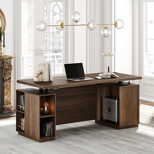 Perledesign 70" Standing Desk with Storage, Executive Electric Height Adjustable Stand Up Desk with AC/USB, Privacy Panel, Large One-Piece Destop, Black Walnut