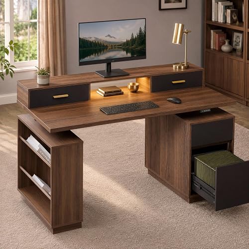 63" Mid-Century Office Executive Standing Desk w/ 4 Drawers, 1.18" Desktop | Computer Desk with Storage for Home Office w/ Power Outlets, Monitor Stand w/ LED Light, One-Piece 1.18" Desktop，Black Walnut