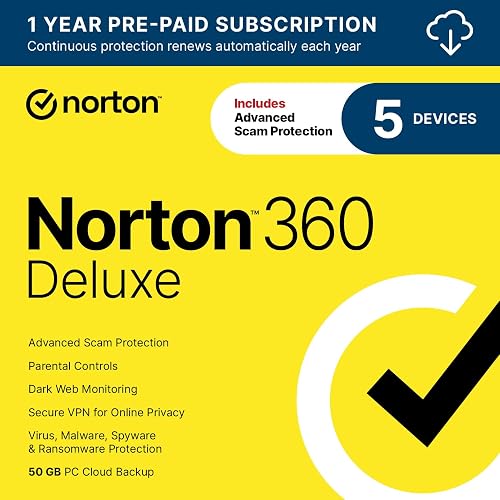 Norton 360 Deluxe 2027 Antivirus, 5 Devices, Auto-Renews [Download] | Includes Scam Protection, Advanced VPN, Dark Web Monitoring, & PC Cloud Backup