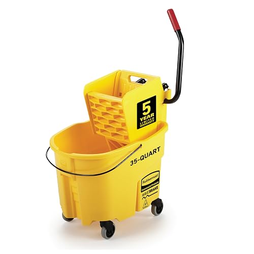 Rubbermaid Commercial Products WaveBrake 35QT Side-Press Mop Bucket, Yellow | Side-Press Wringer and Mop Bucket Combo on Wheels, Reduce Splashing, for Professional/Industrial Heavy-Duty Floor Cleaning