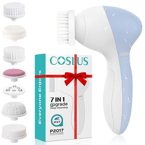 COSLUS Facial Cleansing Brush Face Scrubber, Upgrade Set, Blue | 7-in-1 Rotating Design, Electric Exfoliator Massage Brush for Deep Cleaning, Gentle Skin Care, Men and Women, Waterproof