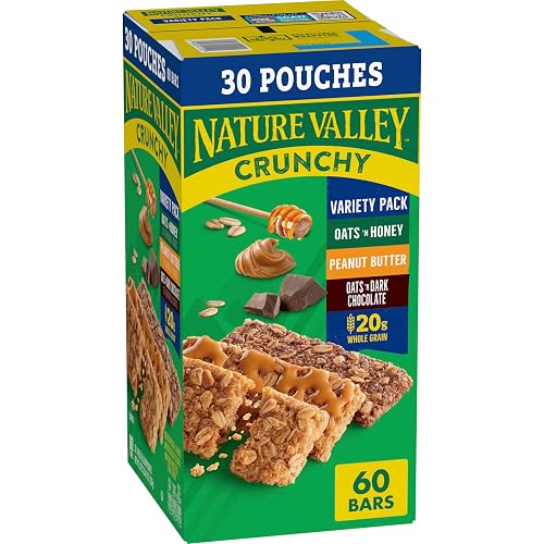 Nature Valley Crunchy Granola Bars, Value Pack, 60 ct, 44.7 oz | Oats & Honey and Peanut Butter Varieties, 2-Bar Pouches, Whole Grain Oats, No Artificial Flavors