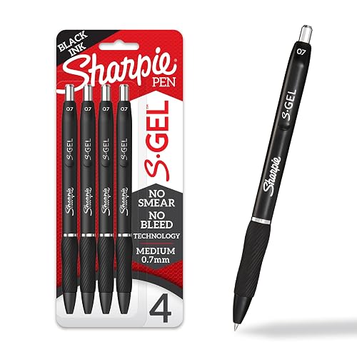 Sharpie S-Gel, Gel Pens, Medium Point (0.7mm), Black Gel Ink Pens, 4 Count
