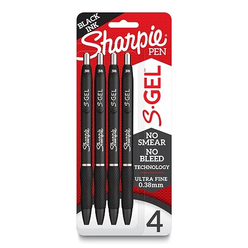 Sharpie S-Gel Pens, Ultra Fine Point (0.38mm), Black Gel Ink, 4 Count | No Smear or Bleed Ink, Ultra Fine Point 0.38mm, 4 Black Gel Ink Pens