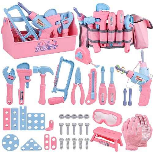 MAGIC4U Kids Tool Set 48Pcs with Electric Drill Toy Belt Gloves Ages 3-8 | Rotating Drill with Sound Effects, Safe Premium ABS Plastic,Pretend Play Construction Costume Toy, Develop Fine Motor skills
