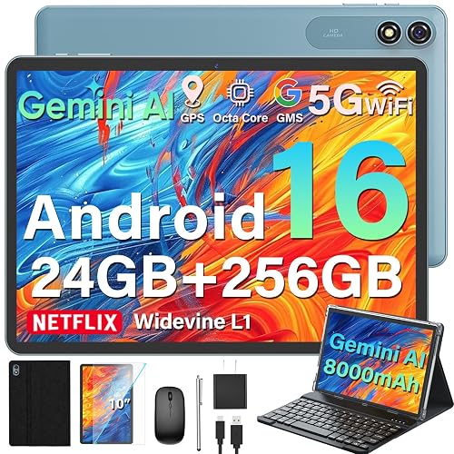 2026 Upgraded Android 16 Tablet, 10 inch Tablet with Keyboard (Black) | 24GB+256GB+2TB Expand, Gemini AI Tablet PC with 8-Core, 8000mAh, WiFi, Electronic 2-in-1 Tablets with Case, Mouse, Stylus