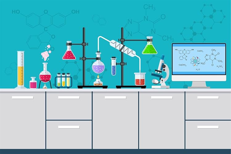BELECO Chemical Science Birthday Party Backdrop 7x5ft Fabric Cartoon Chemistry Lab Equipment Science Research Background for Kids Science Party Decorations Mad Scientist Party Banner Photo Props
