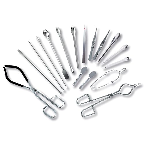 MSSVIGING Chemistry Lab Tool Set, Stainless Steel | Crucible tongs, lab spatula scoop, U shape spoon, test tube clamp, forceps tweezers, chemistry starter tools