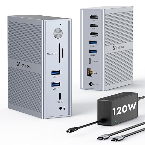 TobenONE USB C Laptop Docking Station 3 Monitors, Triple 4K DisplayLink | 120W Power Adapter, 3X HDMI, 5X USB, Gigabit Etherne, for MacBook M1-M5/Windows Owners,Professional Multitasking,Home Office