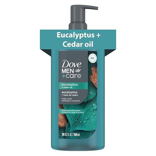 DOVE MEN Moisturizing Body Wash for Men, Eucalyptus + Cedar Oil, 26oz | Plant-Based Cleansers, Sulfate, Paraben and Dye Free, Strengthens the Skin Barrier, Eucalyptus and Cedar Scent