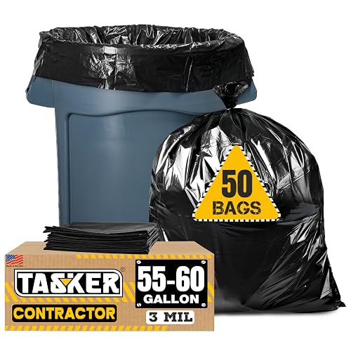 Tasker Contractor Garbage Bags 55 Gallon, 3 Mil Black Contractor Garbage Bag (50 Bags w/Ties) Large 55 Gallon Trash Bags Heavy Duty Liners, Extra Large Trash Liners for Construction, Industrial Bag