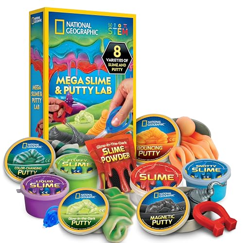 National Geographic Mega Slime Kit and Putty Lab, 4 Types of Slime Plus 4 Types of Putty Including Magnetic, Slime Kit for Boys and Girls, Sensory Toy