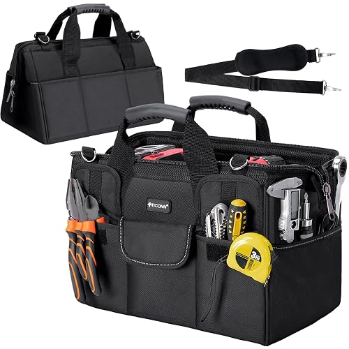 TICONN Heavy Duty Tool Bag Organizer, Portable Tool Box with Shoulder Strap | 600D Oxford Water-Resistant Fabric, Abrasion-Resistant Bottom, Adjustable Shoulder Strap, Ergonomic Handle, Reflective Detail