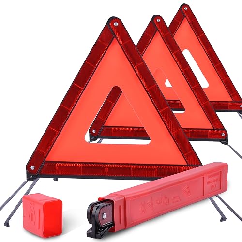 DSV Emergency Triangles, Warning Triangles for Vehicles, Reflective Triangle, Safety Triangles with Case for Vehicles Breakdown, 3-Pack