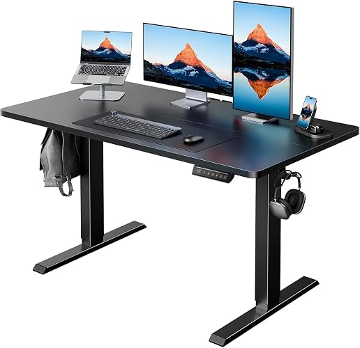 HUANUO 48x23 Inch Electric Standing Desk, Adjustable, Black | 176 Lbs Capacity, Smooth Home Office Desk, 4 Memory Presets & Headphone Hooks, 28.3–46.5 Inch Height Range, Easy to assemble
