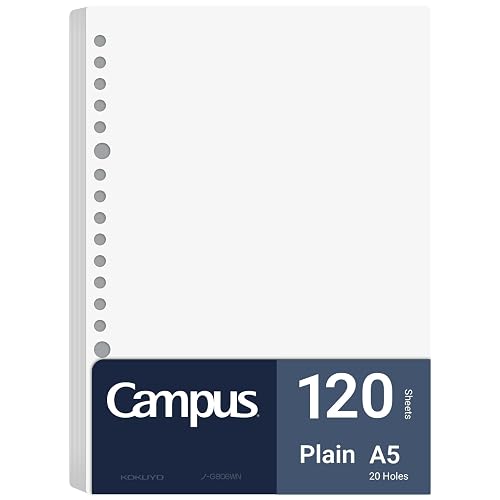 Kokuyo Campus Loose Leaf Paper for Binders, Business Type, Sarasara Smooth Writing, A5, Plain Ruled, 20 Holes, 120 Sheets, pH Neutral, Bleed Resistant (NO-G806WN)